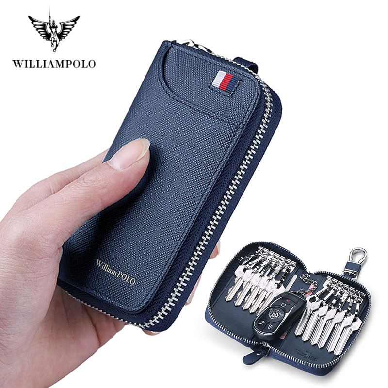 WILLIAMPOLO Leather Housekeeper Holders Car Keychain Key Bag Case Men Black Keys Wallet Cover Simple Solid Color Storage Bags