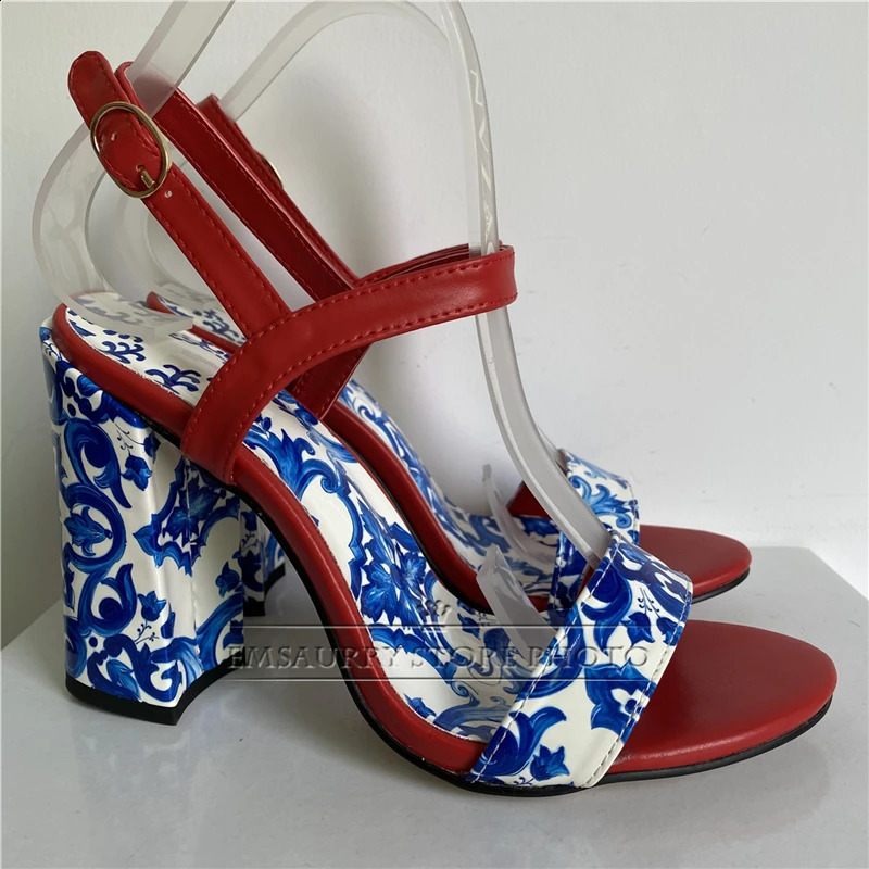 Blue and white ceramic tile printed sandals womens ankle strap genuine leather solid color open toe party shoes 240731