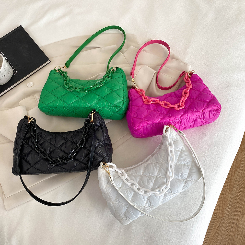 Fashion Quilted Women Shoulder Bags Small Chains Top-Handle Bags Cotton Padded Handbags Ladies Underarm Bags Solid Color Totes