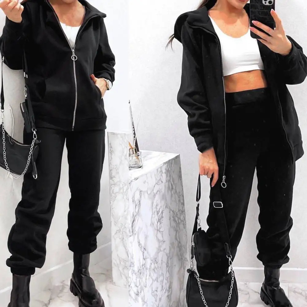 1 set of sportswear hoodie to keep warm womens polyester track suit thick fully matched pants 241007