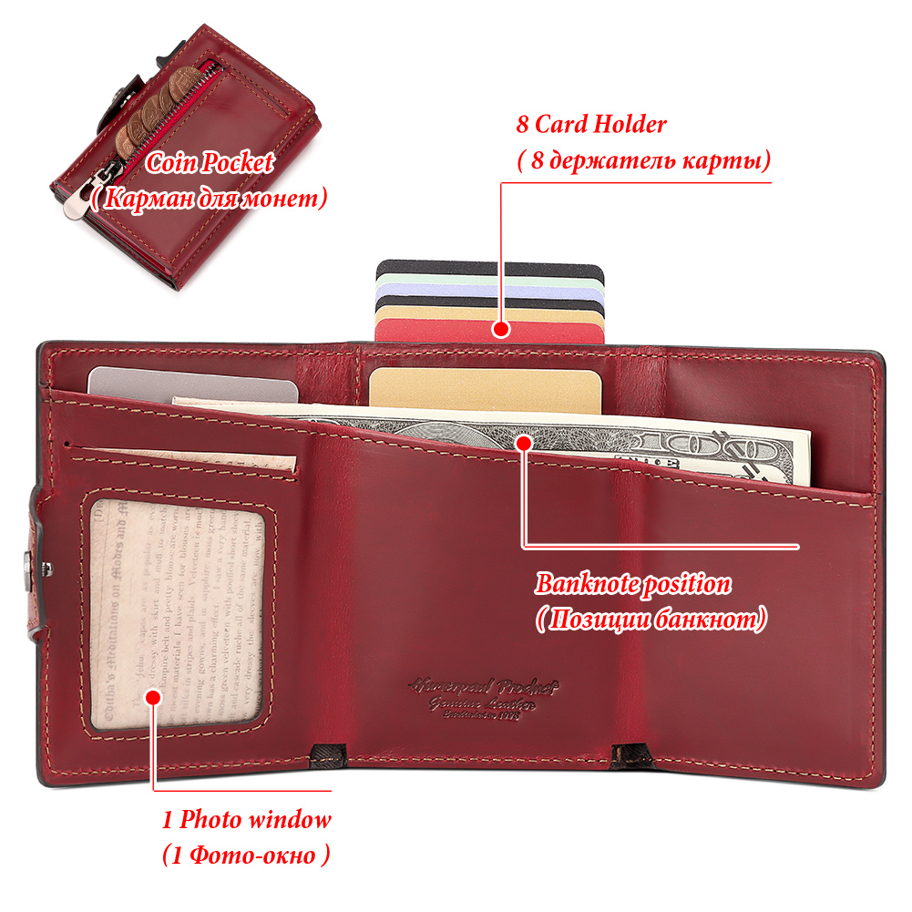 New Automatic Card Holder Genuine Leather Women's Wallet RFID Blocking Credit Cardholder Fashion Money Clips with Zipper Pocket
