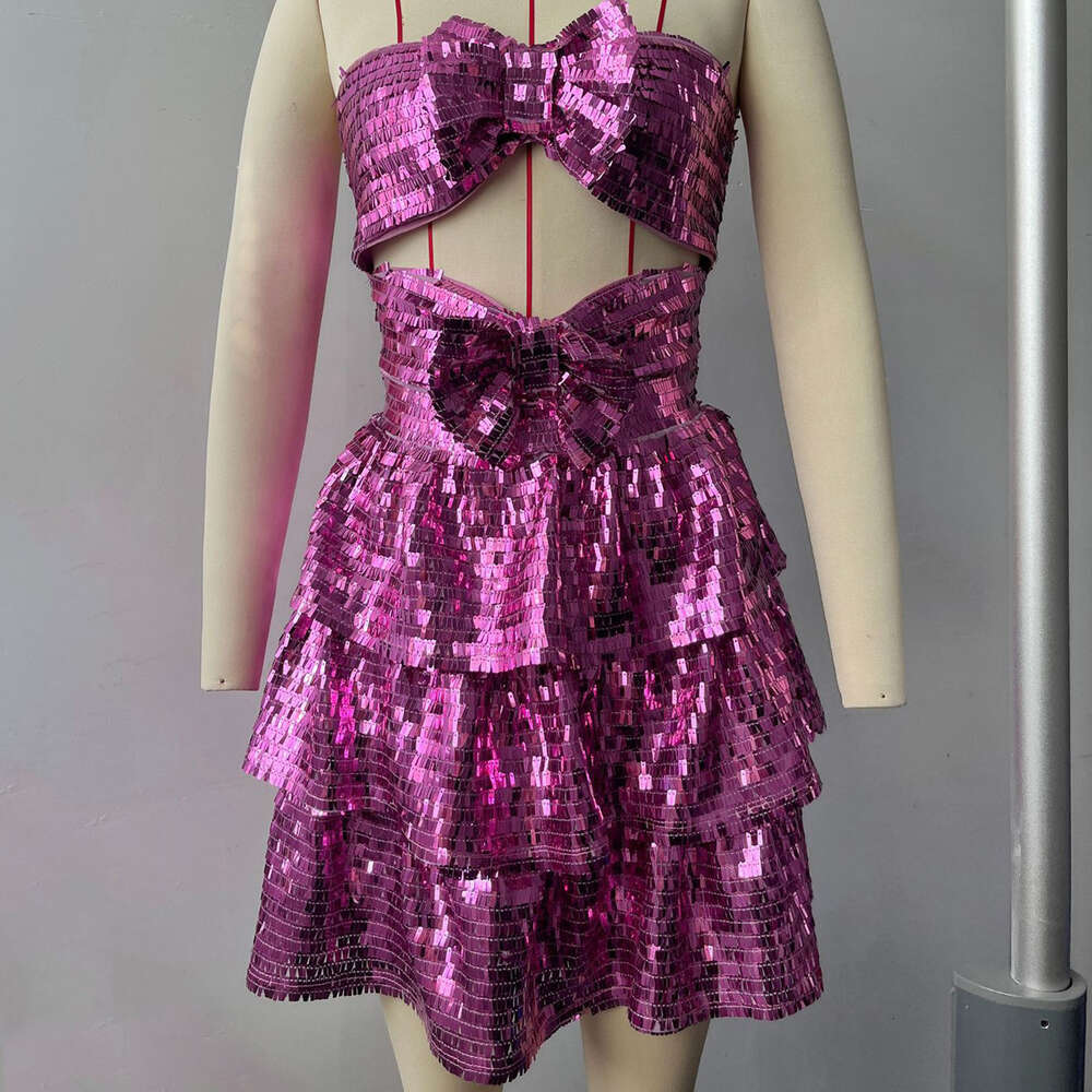 New party dress hollow pleated dress pink bow square sequin strapless skirt short skirt