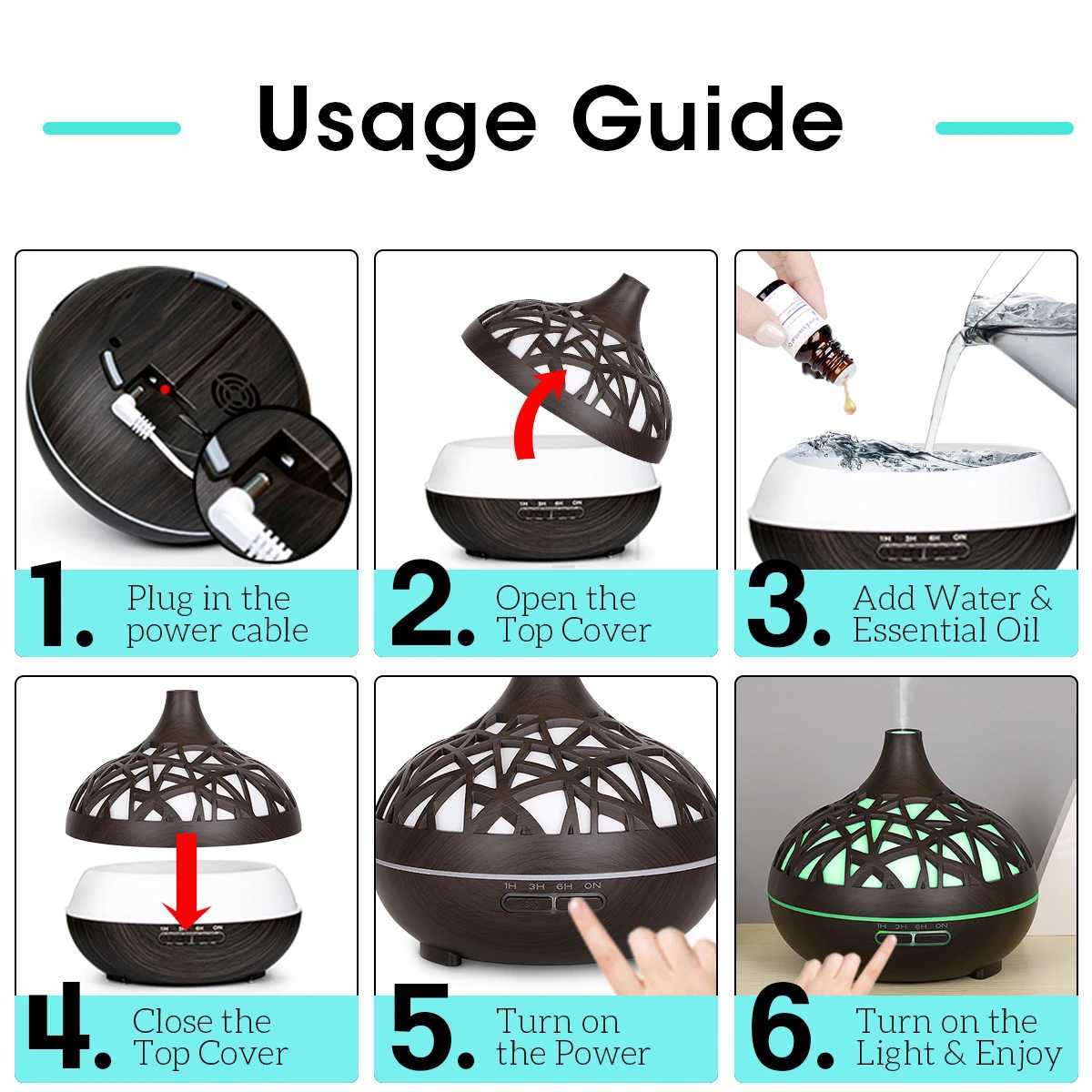 Humidifier Aromatherapy Essential Oil Diffuser Hollow Wood Grain Remote Control Ultrasonic Air Humidifier Cool with 7 Color LED Y240806