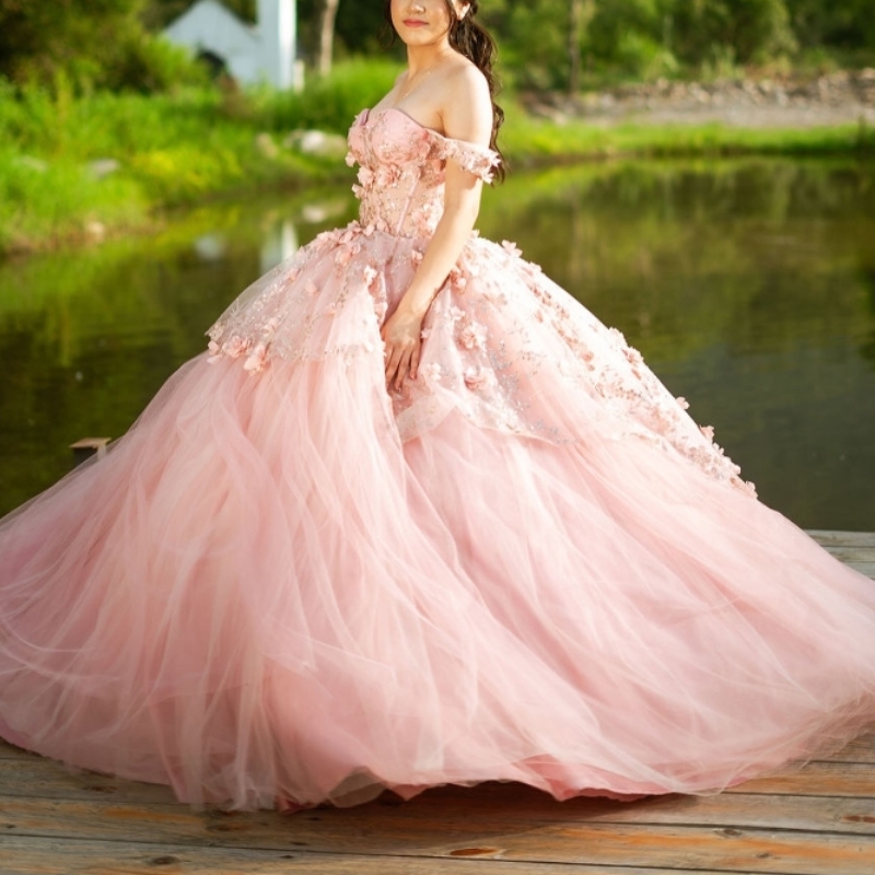 Light Pink Princess Quinceanera Dresses 2024 Off Shoulder 3D ral Beads Gillter Sequins Lace-up Corset Vestidos 15 anos rosa