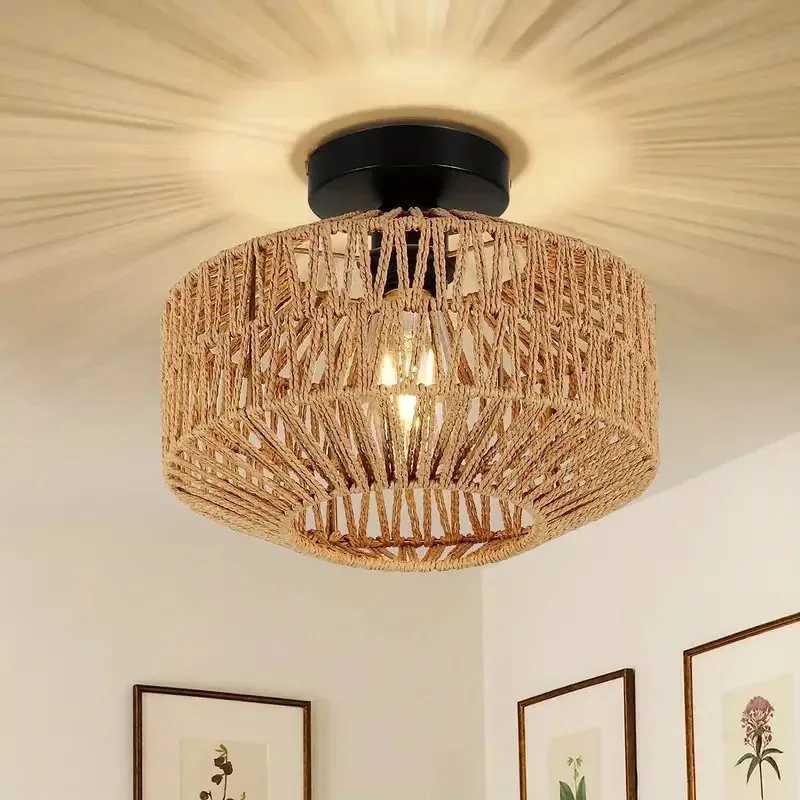 Ceiling Lights Rattan Chandelier Light Fixture Hand Woven Fixture Flush Mount For Hallway Bedroom Kitchen Entrance Living Room Y240802