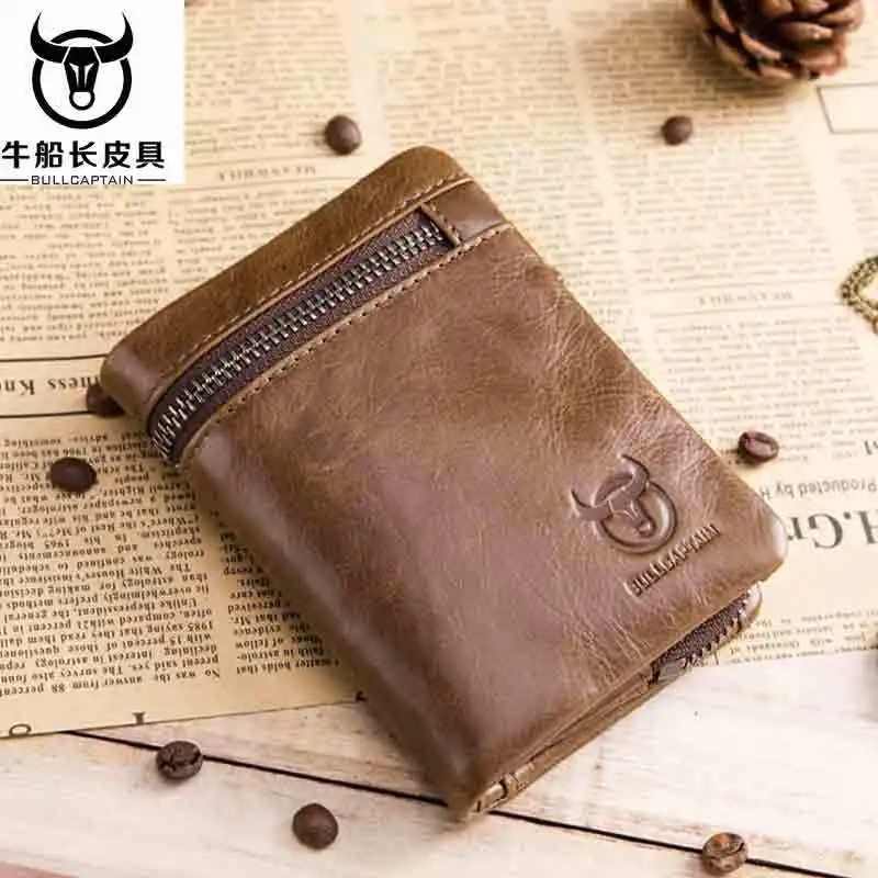 BULLCAPTAIN 2025 MEN Coffee Cow Leather Wallet Coin Pocket Money Purse Bag Card Holder Short Trifold Hasp Zipper Wallet