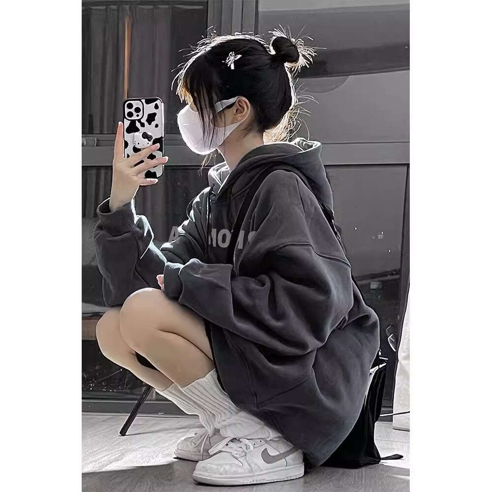 Thick American premium hooded sweatshirt with added fleece, women's oversized oversized, spring and autumn winter new style jacket