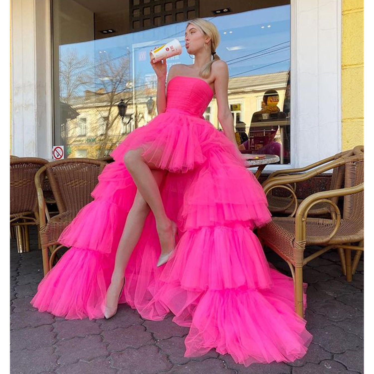 Hot Pink High Low Prom Dresses Strapless Ruffles Special Formal Party Gowns for Women Custom Evening Gowns Cocktail Party Dress Homecoming Gowns Custo