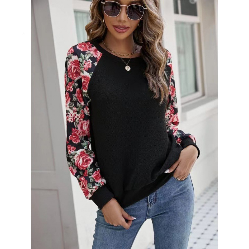 Autumn New Printed Splicing Fashion Versatile Casual Hoodie Round Neck Long Sleeve Women's Wear