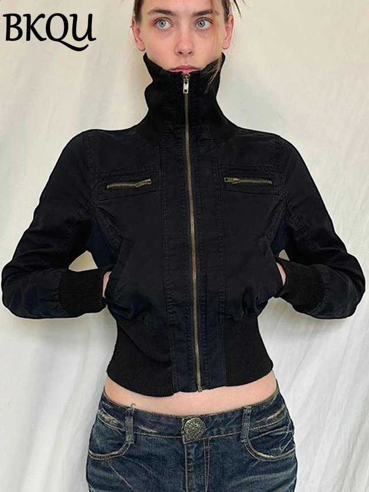BKQU Autumn Cropped Jackets Women Vintage Slim Stand Collar Zipper Short Coat Y2K Streetwear Long Sleeve Sweatshirts Outerwear 240807