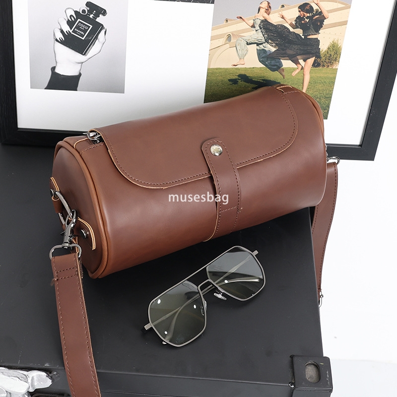 Single bag men's fashion retro large capacity cylindrical bag Crazy Horse PU leather men's single shoulder small shoulder bag crossbody bag