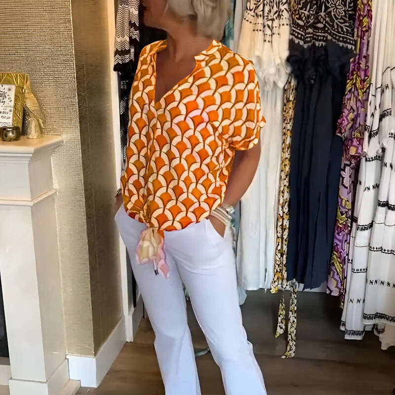 New Merchandise Female Fashion Retro Summer Printing Short Sleeve Hollow Out Slim Top Female Women Short Turtleneck Slim-fit Chiffon Stretch Casual Un