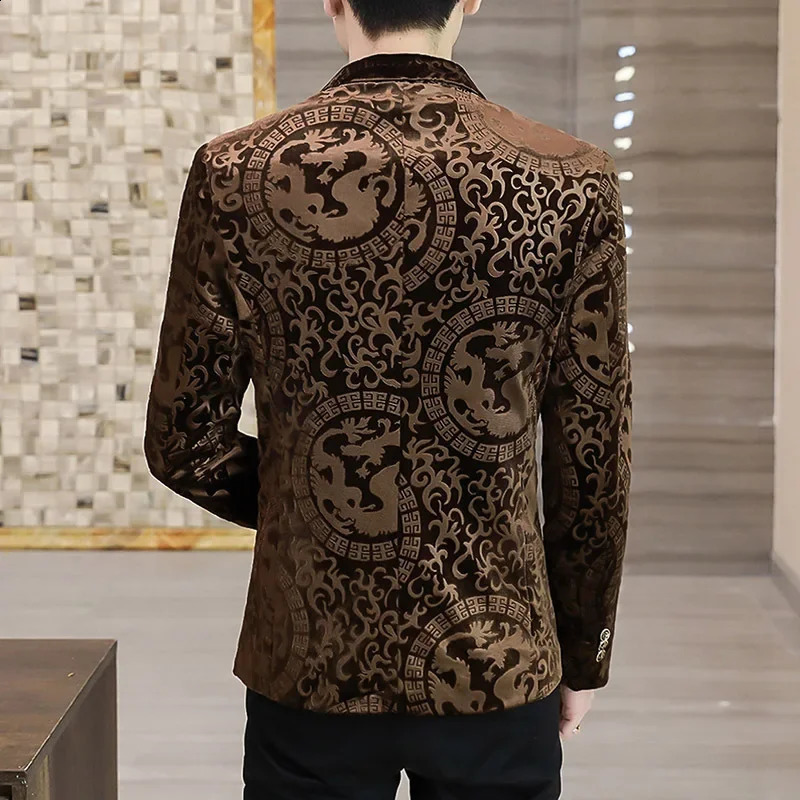 HOO Mens Gold Velvet Casual Slim Handsome Printed blazer 240802 - view 5