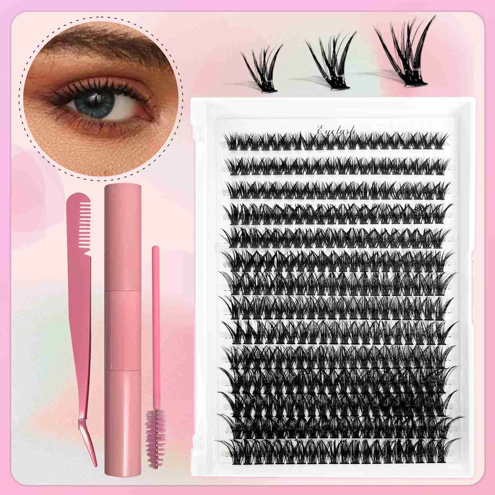 Eyelash Extension Set 280 Clusters 8-16mm Curl Personalized Eyelash Set with eyelash adhesive and sealed eyelash curler W240803