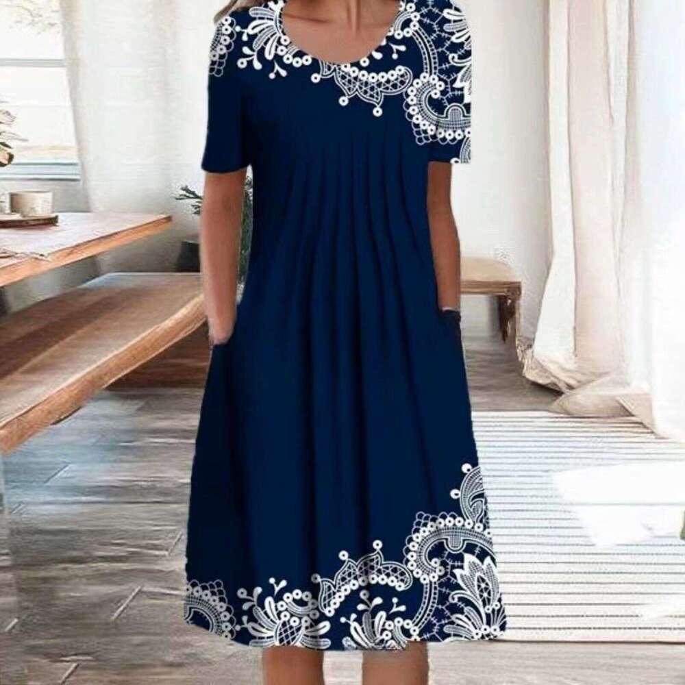 2024 Temu New Fashion Round Neck Short Sleeve Large Printed Long Dress Women Temperament Self-cultivation Bifurcated Loose BOHO DRESS High Waist Dress