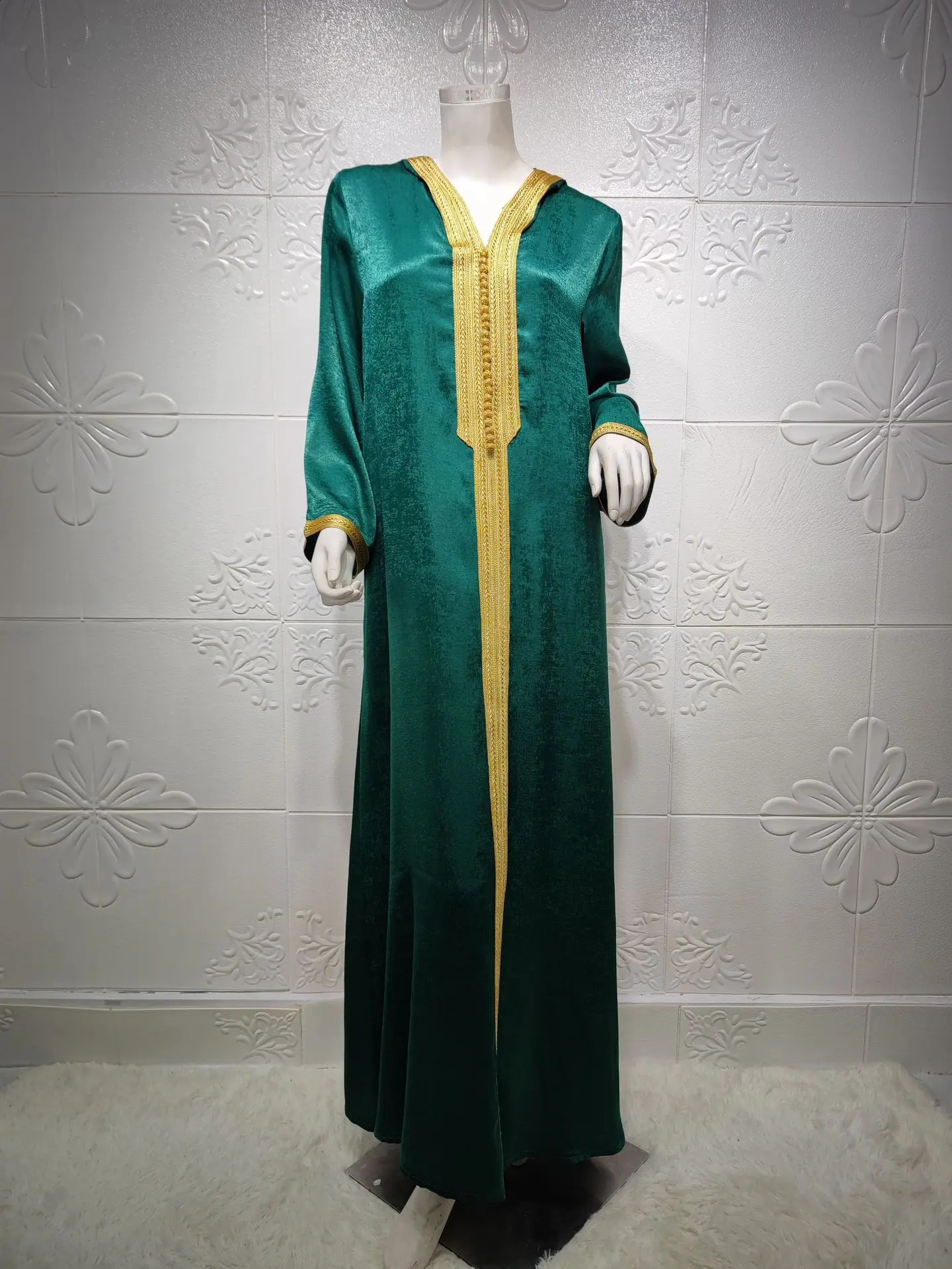 Women Ramadan Clothing Arabic Muslim Abaya Saudi Turkish Islamic Party Dress V Neck Long Sleeve Moroccan Kaftan Hooded Robe 240802