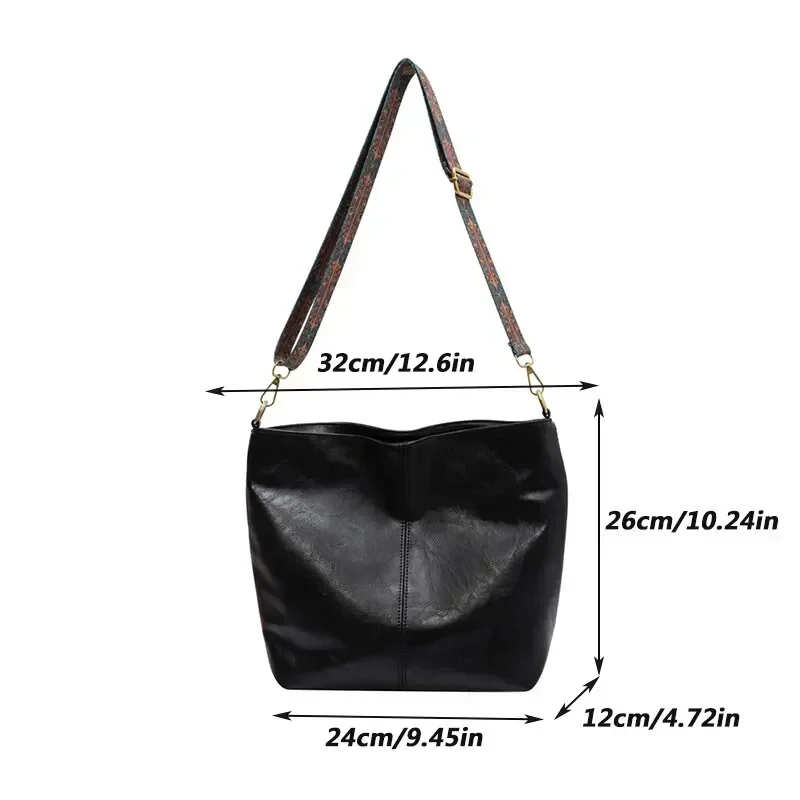Womens Fashion Shoulder Sling Bag Vintage Brown PU Leather High-Capacity Simple Wide Strap Bucket Crossbody Female Commuter Bags
