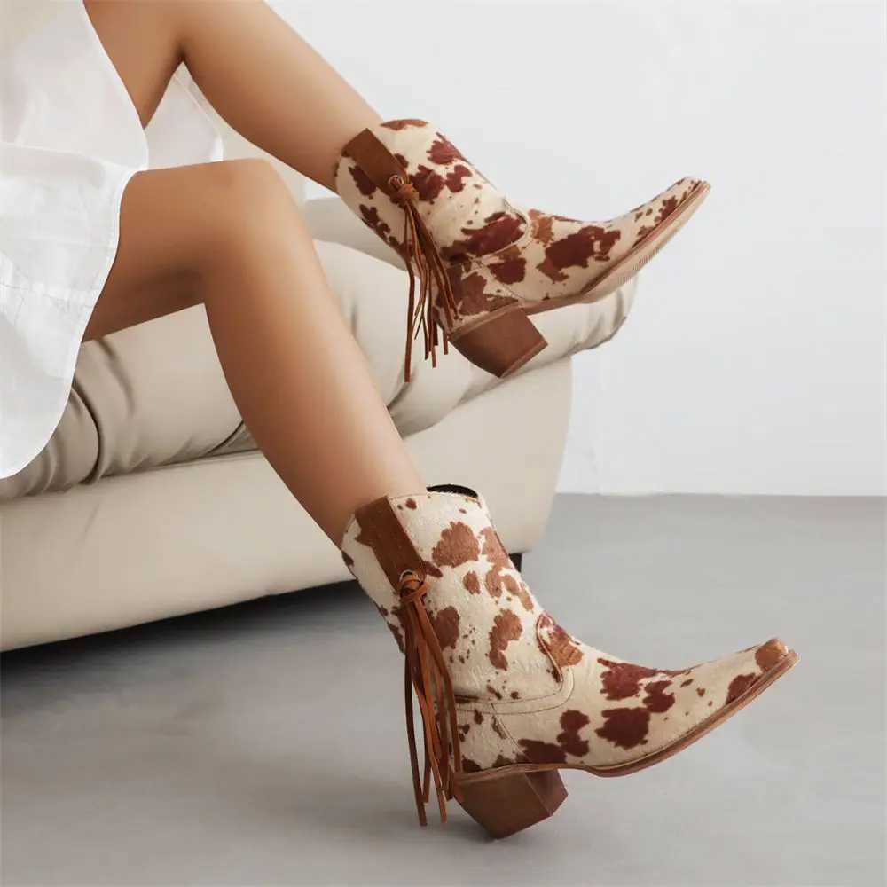 Brand new high-quality retro nodding horse head cowboy boots for women 2024 retro leopard block high heels and sneakers in large size 43 CL240906