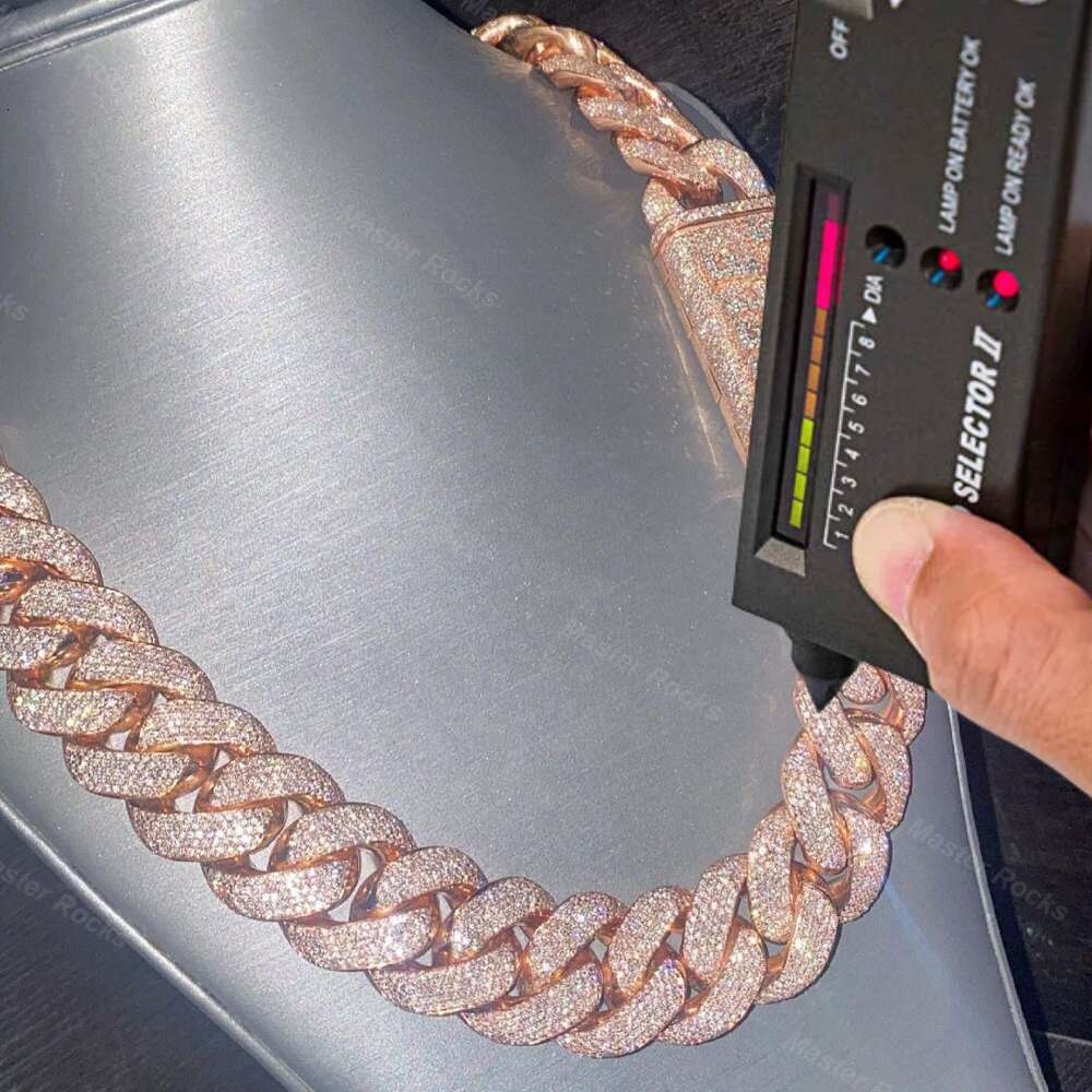 Rose Gold 20mm 5 Rows Vvs Diamonds Pass Tester Sterling Sier Miami Cuban Chain Moissanite
