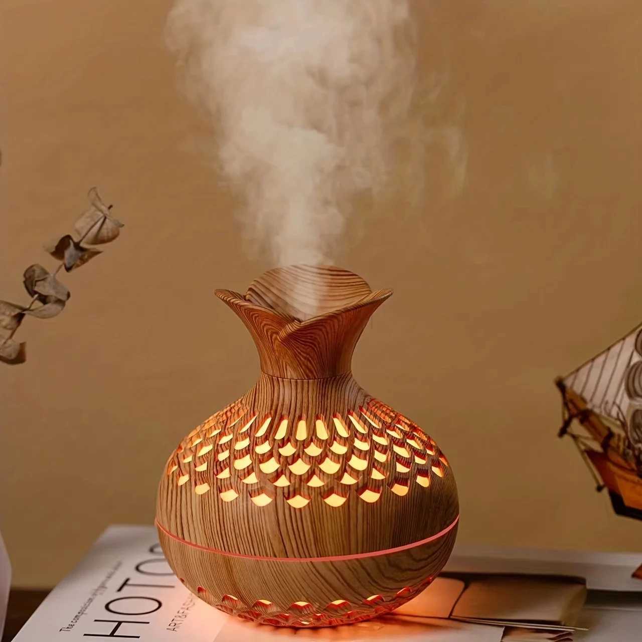 300ml Wooden Vase Colorful Light Cool Mist Humidifier Aromatherapy Oil Diffuser Usb Mini Air Humidificador Y240806