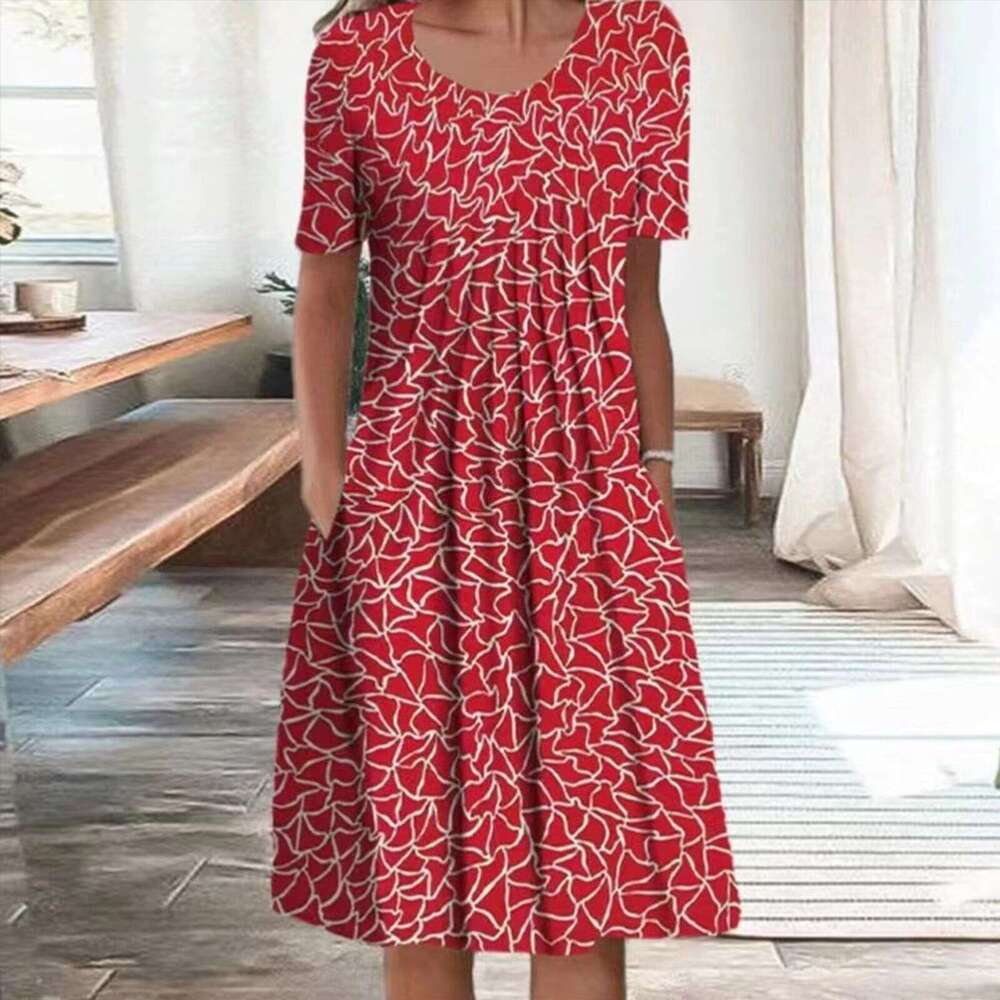 2024 Temu New Fashion Round Neck Short Sleeve Large Printed Long Dress Women Temperament Self-cultivation Bifurcated Loose BOHO DRESS High Waist Dress