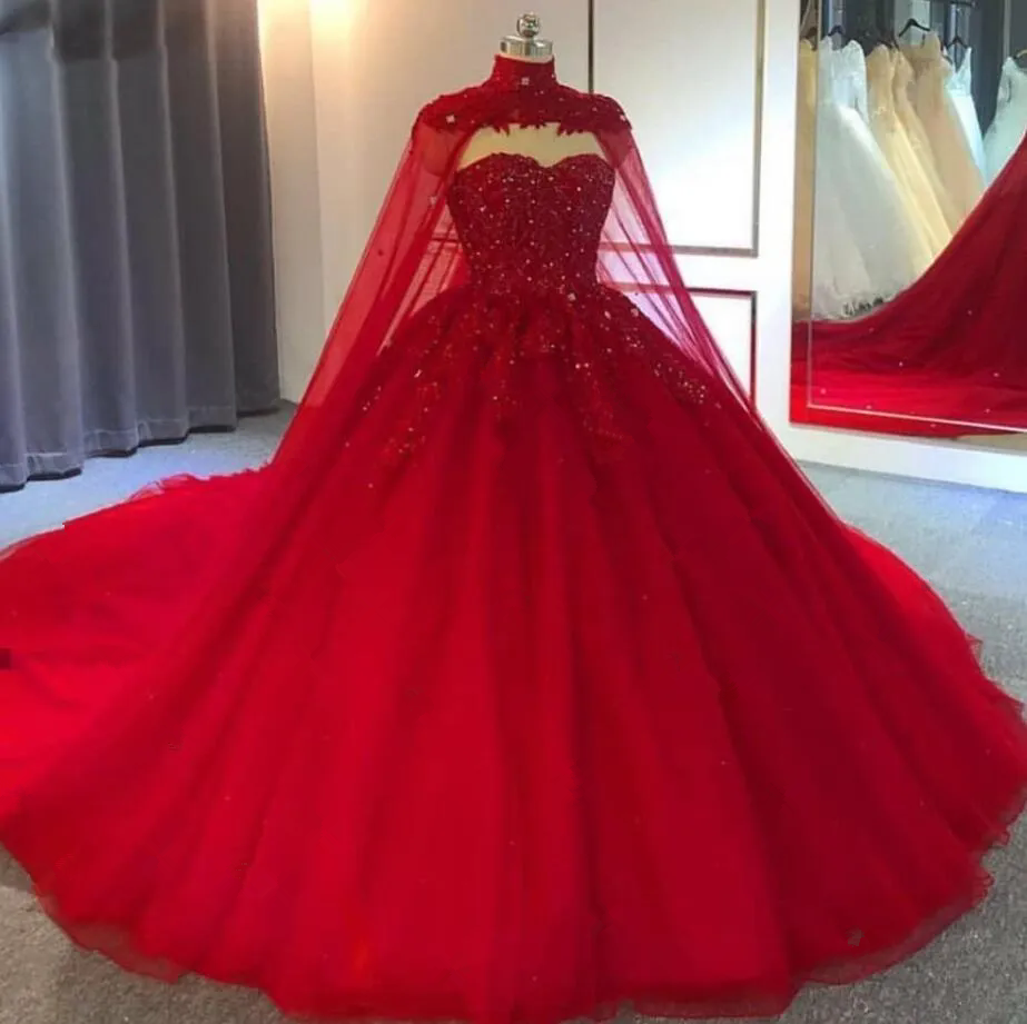 Red Puffy Ball Gown Wedding Dresses Long Cape Sold Separately Red Tulle Beaded Lace Party Dress Cinderella Gowns Vestido De Novia