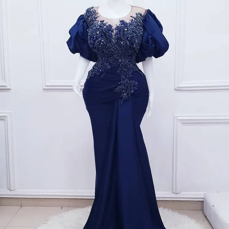 Navy Blue Aso Ebi Mermaid Appliques Beaded Prom Dresses Luxury Formal Party Second Reception Birthday Engagement Evening Gowns Dresses Robe De Soiree