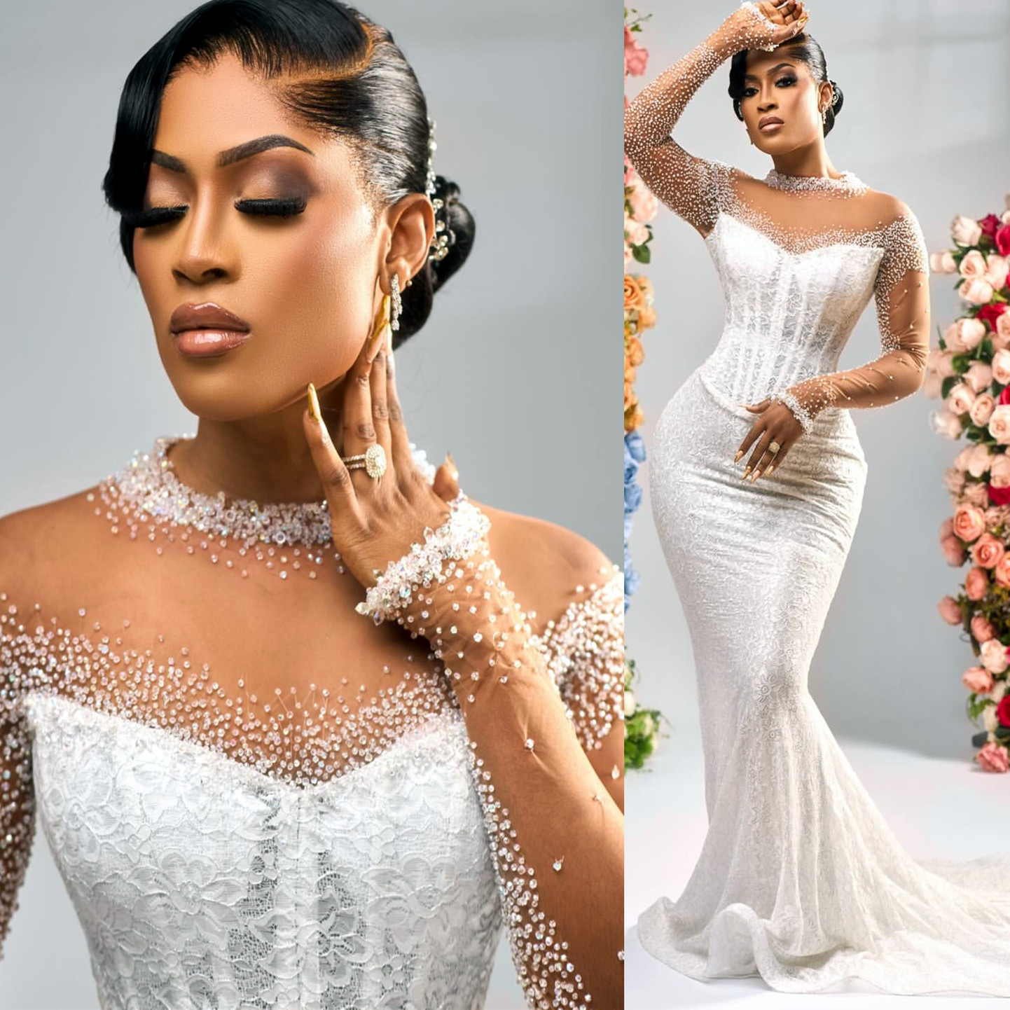2024 Arabic Aso Ebi Plus Size Ivory Mermaid Wedding Lacefull Long Sleeves Beaded Vintage Bridal Gowns Dresses
