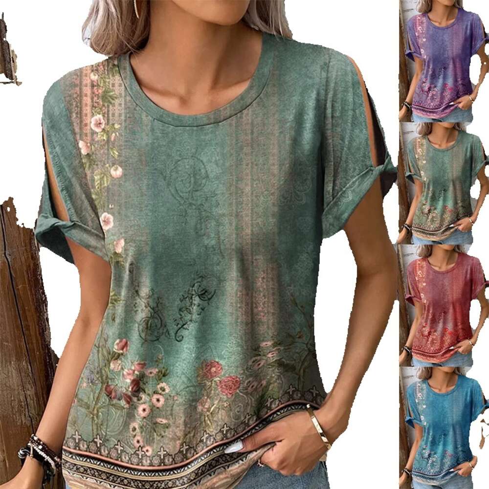 New Merchandise Summer Short-sleeved Harajuku Print Vintage O-neck Crop Tops O Neck Women Short Round Neck Sleeveless Solid Turtleneck Graphic T Shirt