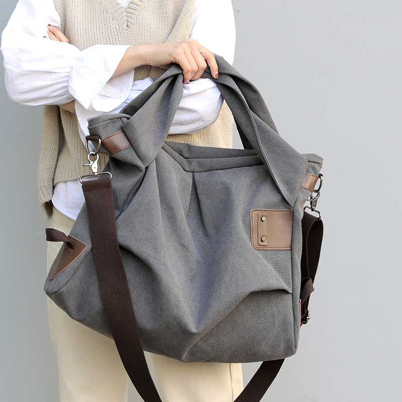 Women's Canvas Bag Casual Shoulder Canvas Bag Fashion Large Capacity Tote Pleated Women's Bag Retro Shopping Big Bag