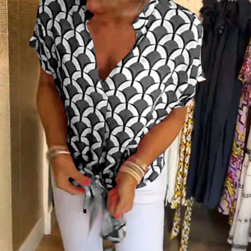 New Merchandise Female Fashion Retro Summer Printing Short Sleeve Hollow Out Slim Top Female Women Short Turtleneck Slim-fit Chiffon Stretch Casual Un