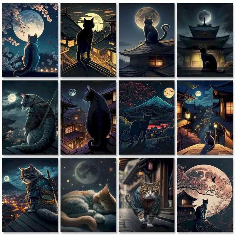 GATYZTORY Oil Painting By Numbers Paint Kit Night Cat Painting Numbers Adults Crafts Drawing By Numbers Decors For HalloweenXJ240803