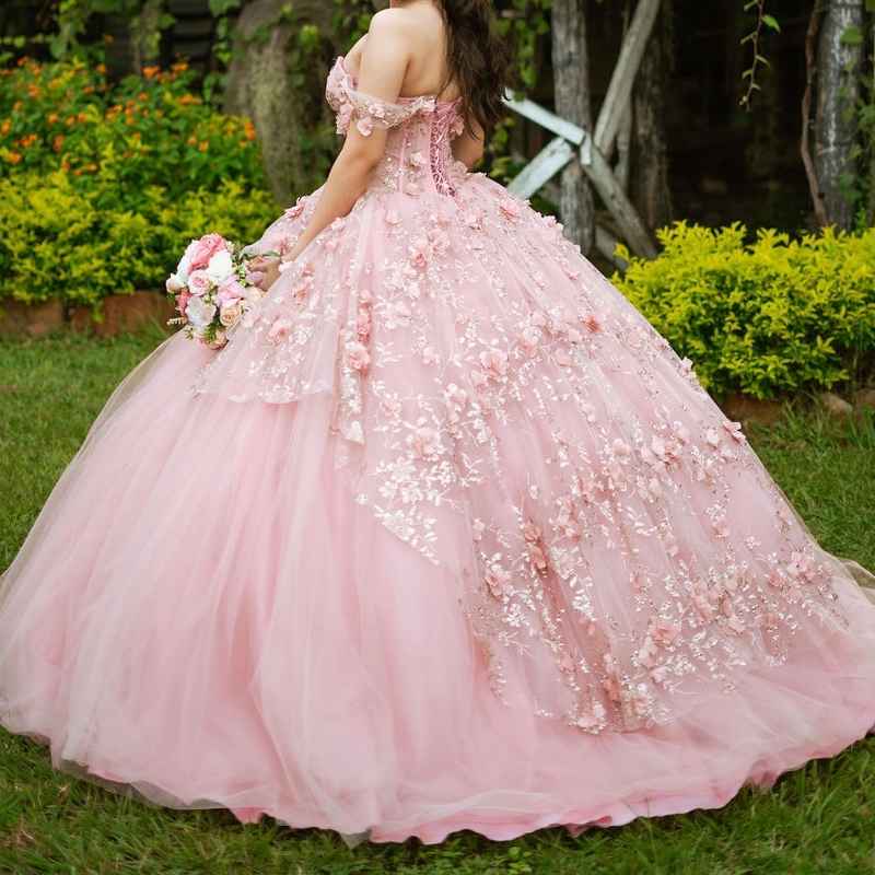 Light Pink Princess Quinceanera Dresses 2024 Off Shoulder 3D ral Beads Gillter Sequins Lace-up Corset Vestidos 15 anos rosa