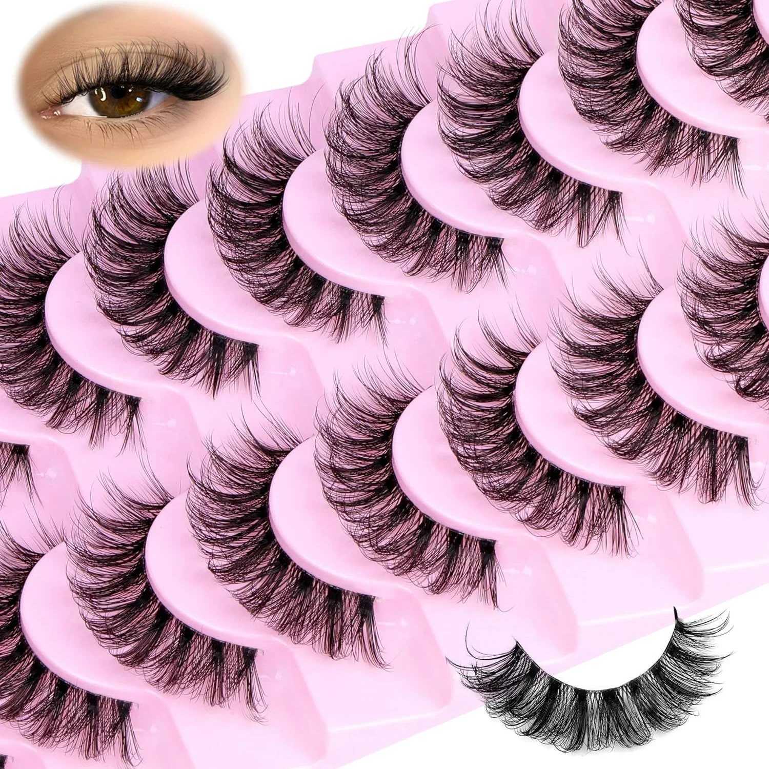 False 10 Fluffy Pairs Natural Eyelashes Wispy Lashes 3D Volume Strip Lashes D Curl Fake Eyelashes with Clear Band Eye LashesXJ2241