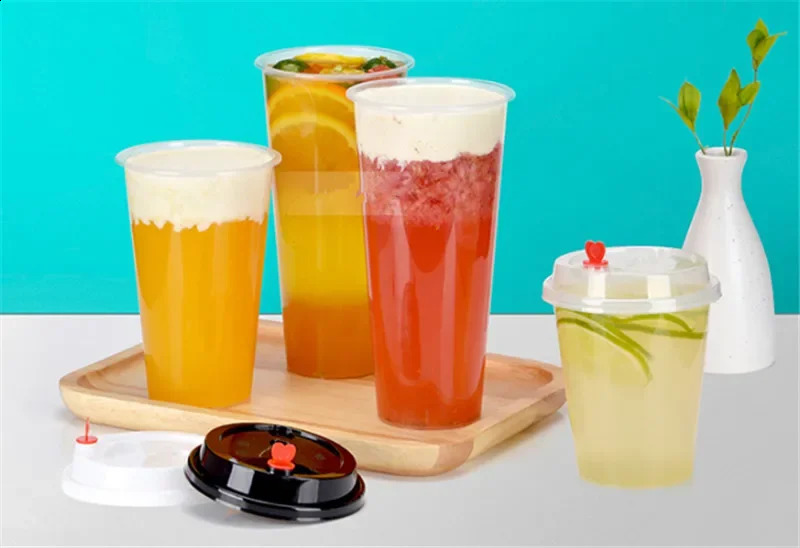 100 disposable transparent plastic cups cold drinks travel coffee juice tea with straw smooth PVC lids 240802