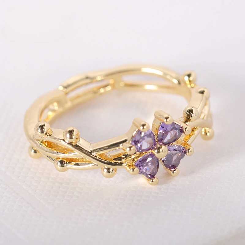 Cute and romantic purple zirconia flower adjustable ring suitable for women new charm gold stainless steel finger jewelry gift W240802