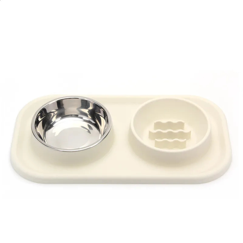 Pet Supplies Silicone Cat Anti-knockover Slow Food Plate Stainless Steel Small And Medium-sized Dog Double Bowl 240802 26W0330