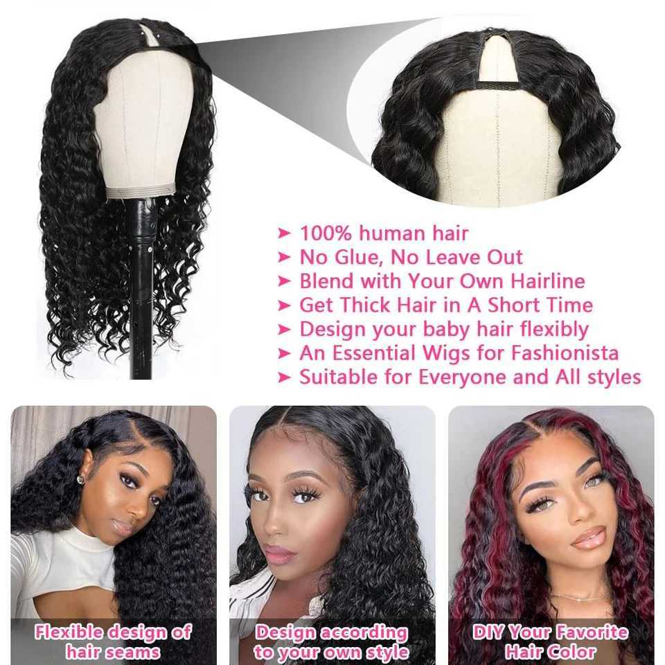 Deep Curly V Part Wig Hair Loss Free Brazilian Deep Wave Hair Wig Female U Part Glueless Virgin Wig for Sale W240801