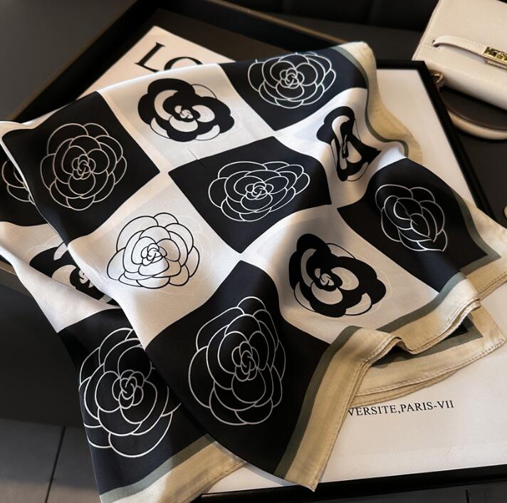70-70cm Print Floral Flower Silk Scarf Headband Black White Breathable Bandeau Scarf Square Satin Imitation Shawl Headscarves