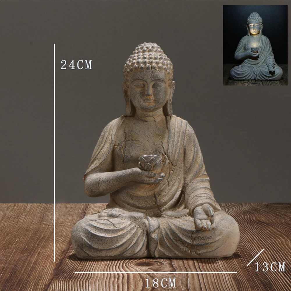 Resin Solar Buddha Statue Sculpture Garden Decor Light Zen Asian Japanese Garden Decoration Outdoor Front Porch Patio Yard Home 250411