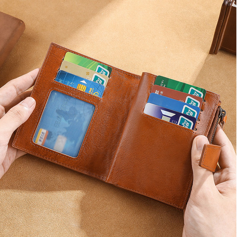 Men's Vertical Vintage Genuine Leather Wallet RFID Blocking Zipper Coin Purse Business Card Holder Bag Wallet Man