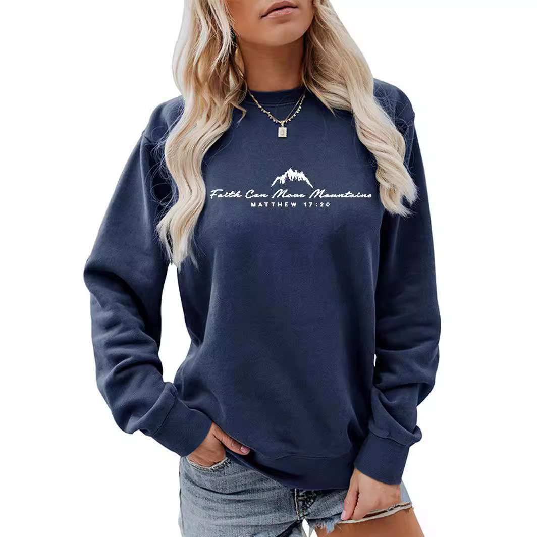 Autumn and winter women's back pocket collar plus veet round neck Faith Can Move Mountains printed sweatshirt