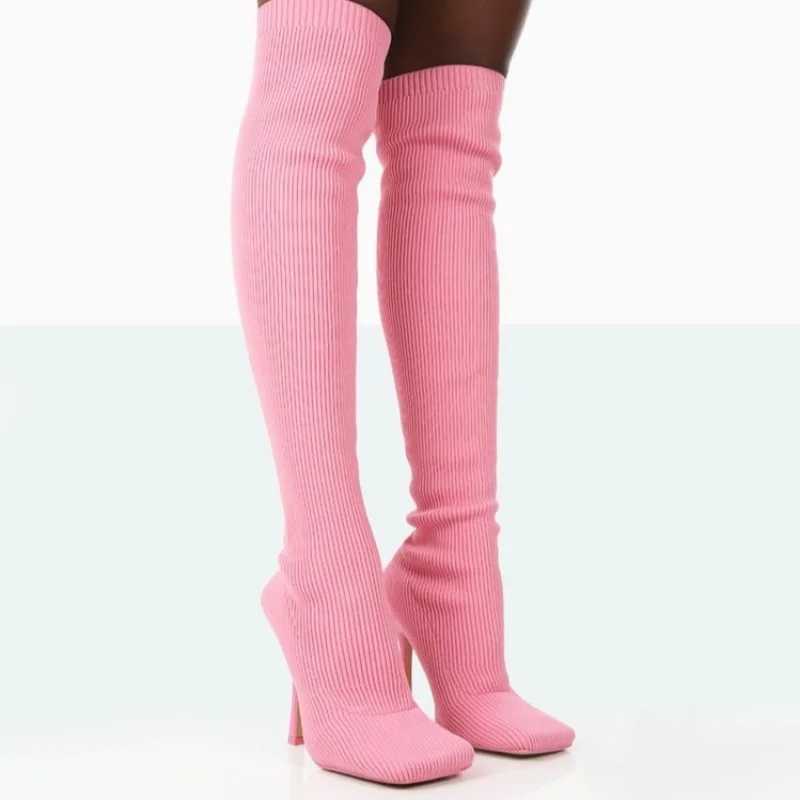 High Quality Knitted elastic knee high boots square toe slim high heels sliding boots winter shoes party dresses sexy Ccise T241206