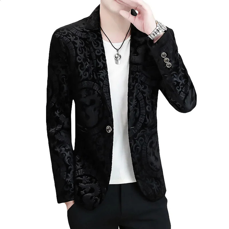 HOO Mens Gold Velvet Casual Slim Handsome Printed blazer 240802 - view 6