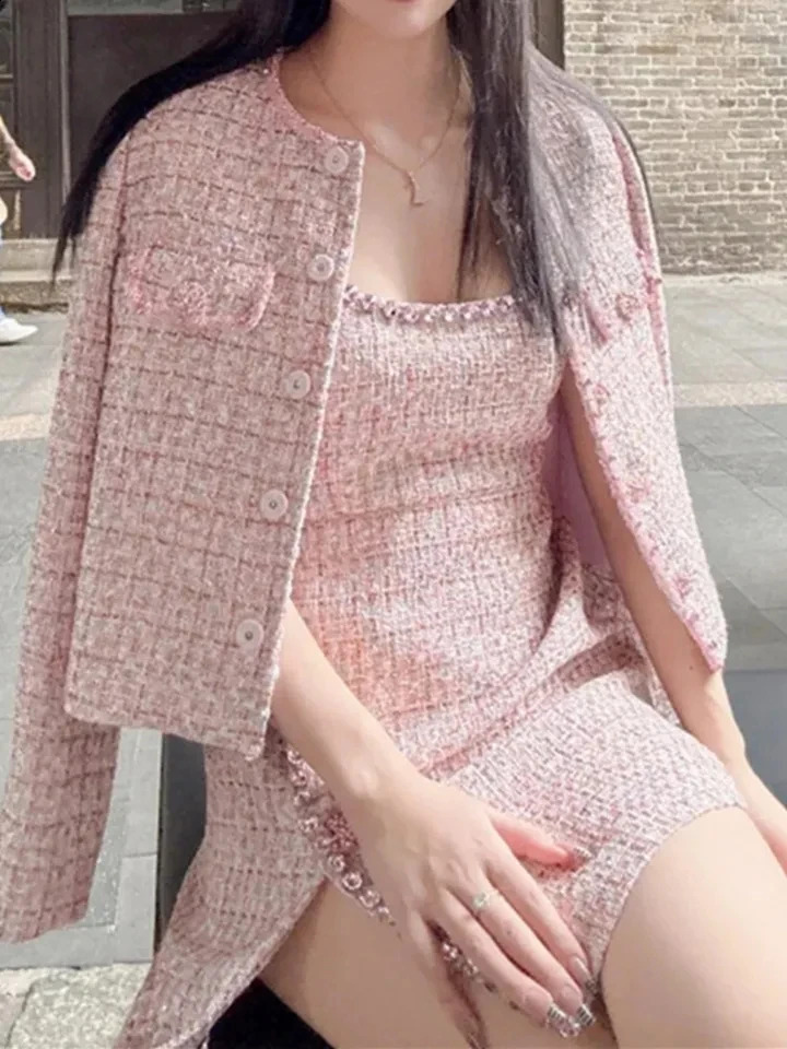 Women Pink Tweed Two-Piece Sets O-Neck Long Sleeve Knitted Coats With Sleeveless Mini Dresses Office Lady Suits 240729 B4