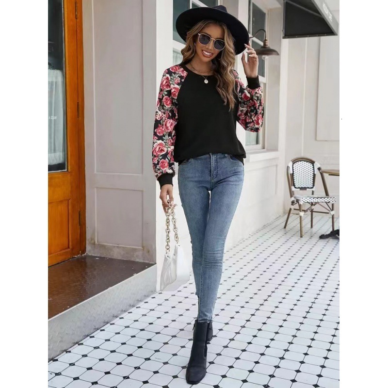 Autumn New Printed Splicing Fashion Versatile Casual Hoodie Round Neck Long Sleeve Women's Wear
