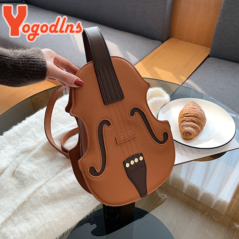 Yogodlns Violin Shape PU Leather Small Backpacks Women Creative Violin Female Crossbody Bag Sewing Thread Ladies Shoulder Bag