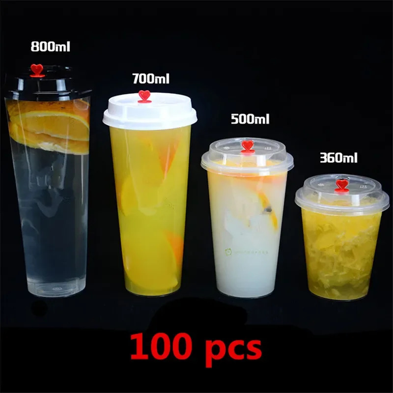 100 disposable transparent plastic cups cold drinks travel coffee juice tea with straw smooth PVC lids 240802