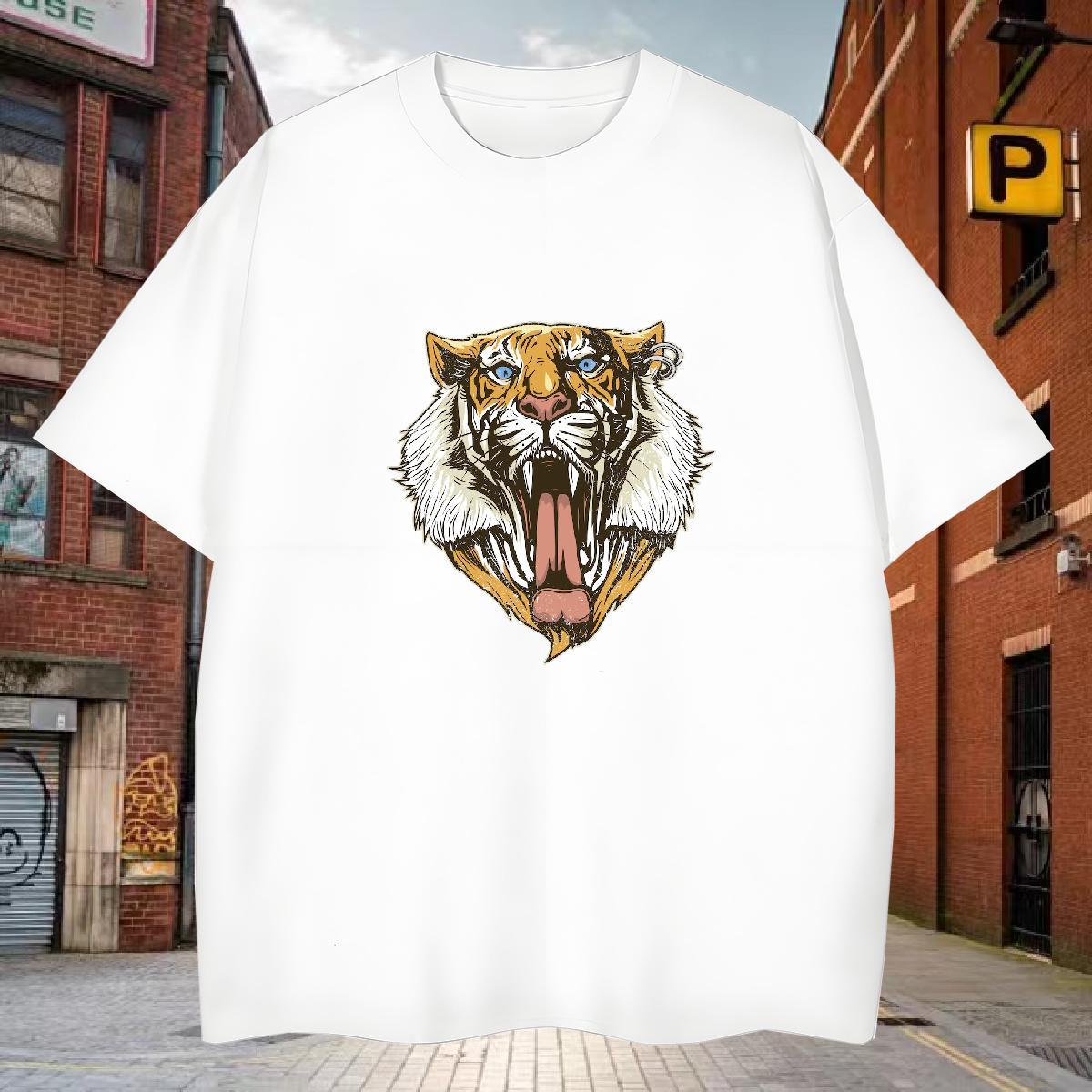 Mens T Shirts 100% Cotton 230g tiger Daily Outfit Short Sleeve O-Neck White Plus Size Tshirts Brand Designer Tees Shirts