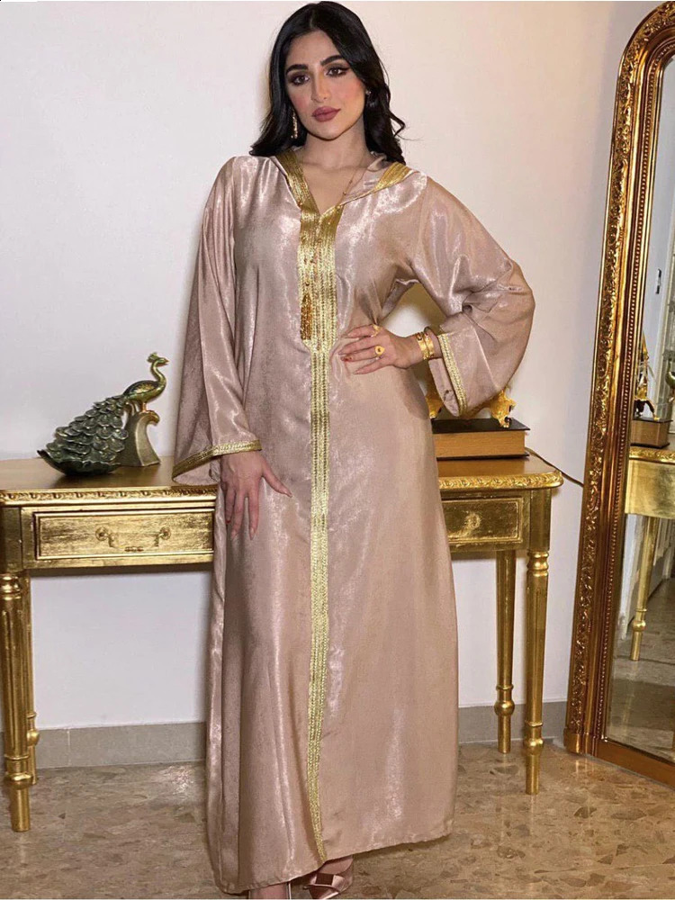 Women Ramadan Clothing Arabic Muslim Abaya Saudi Turkish Islamic Party Dress V Neck Long Sleeve Moroccan Kaftan Hooded Robe 240802